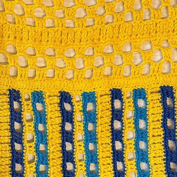 Yellow & Blues SZ S crochet open weave top boho handknit unique mod retro - Picture 5 of 5